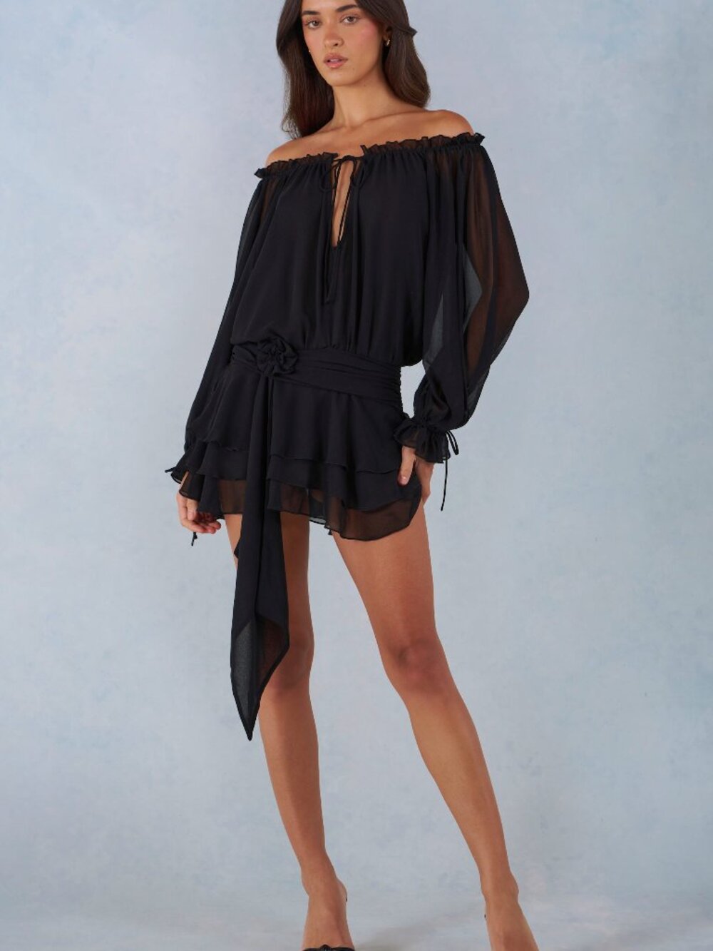 Oh Polly Off-Shoulder Balloon-Sleeve Mini Dress in Black 14